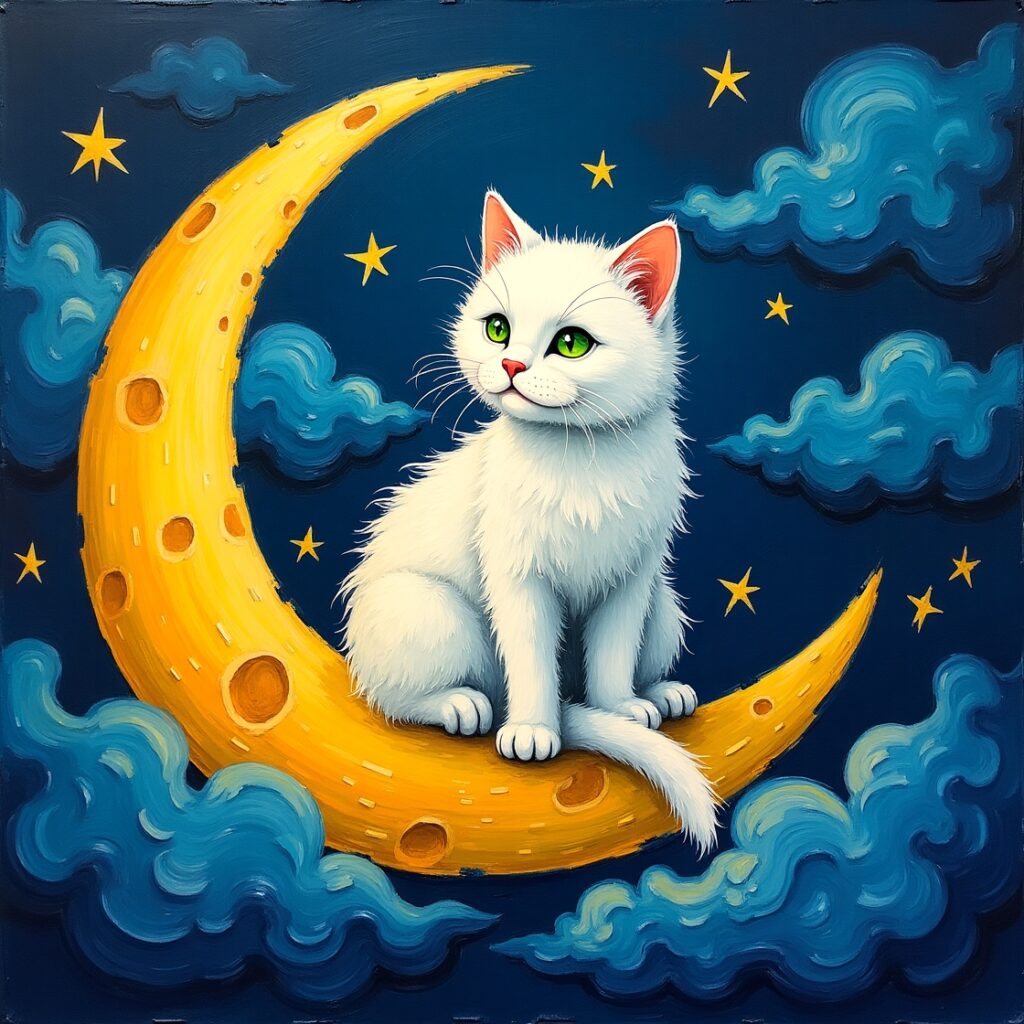 A cute cat sitting on the moon in Van Gogh style” Free Ai image Generator