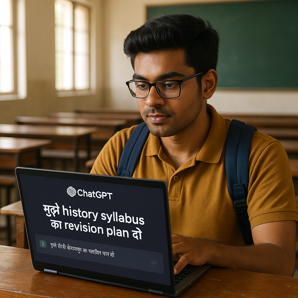 "A focused Indian college student sitting in a traditional classroom, using ChatGPT on a laptop in Hindi. The screen shows the prompt 'Mujhe history syllabus ka revision plan do' – demonstrating how to use ChatGPT in Hindi, useful for blog writing and educational prompts for students."