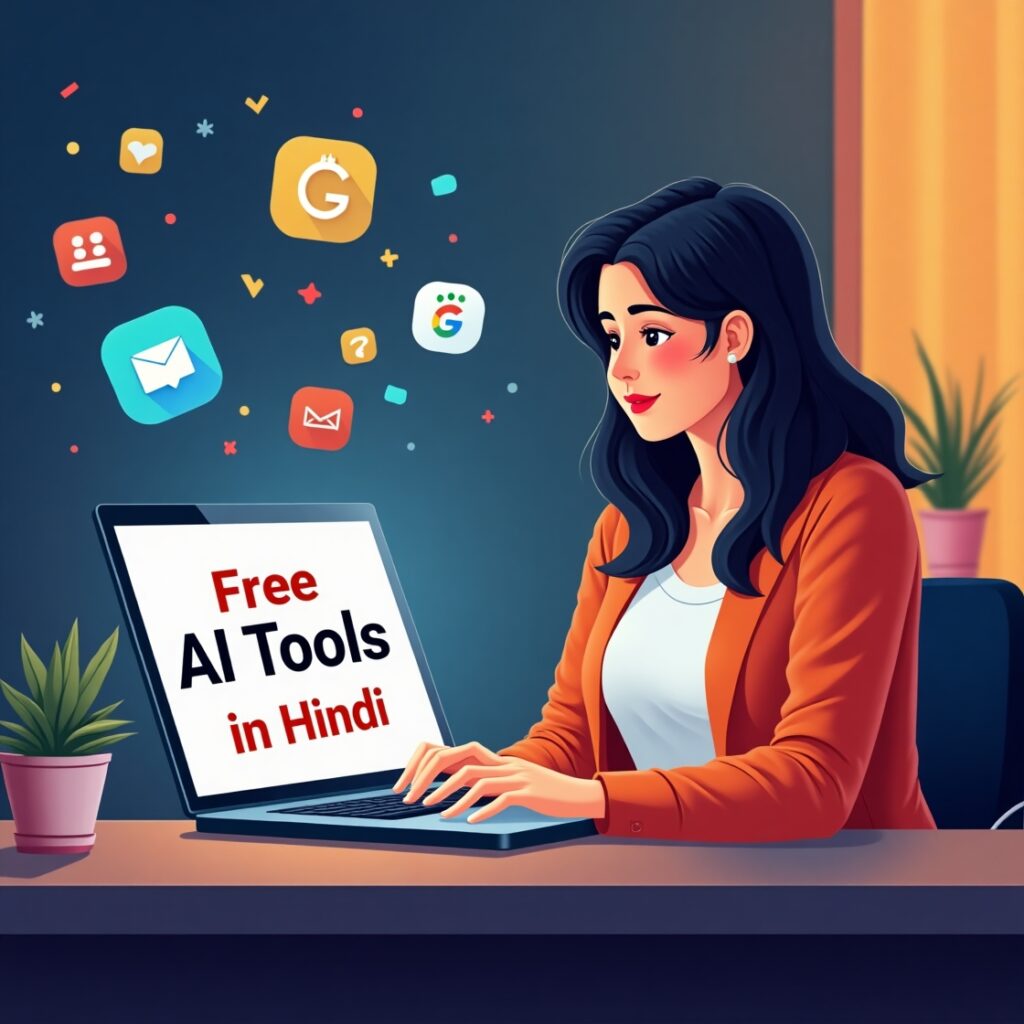 "Indian female blogger using Free AI Tools in Hindi for content creation"