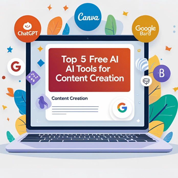 5 free AI tools like ChatGPT, Canva, Grammarly with Hindi text for content creation blog Illustration of top 5 free AI tools like ChatGPT, Canva, Grammarly with Hindi text for content creation blog
